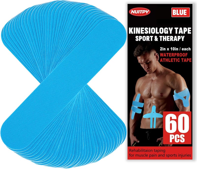 NUITPY 60PCS Precut Kinesiology Tape Strips, 2 inch x 10 inch Athletic Tape, Kinetic Tape, Elastic Muscle Tape, Sports Tape, Knee Tape for Exercise and Daily Use - Light Blue - Image 1